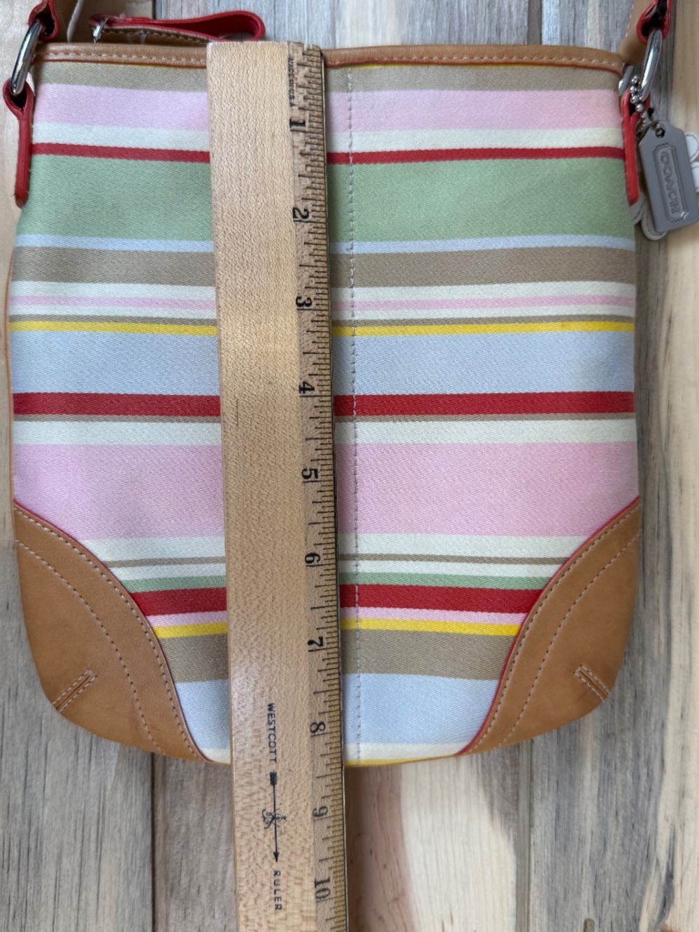 Coach Striped Hamptons Fabric and Leather Crossbody Bag Multi Color Daisy Charm - Picture 8 of 11